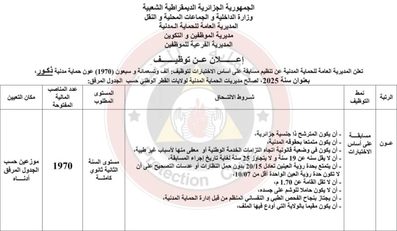 مسابقة الحماية المدنية على أساس الإختبارات لتوظيف (2000) عون الحماية المدنية بعنوان سنة 2025