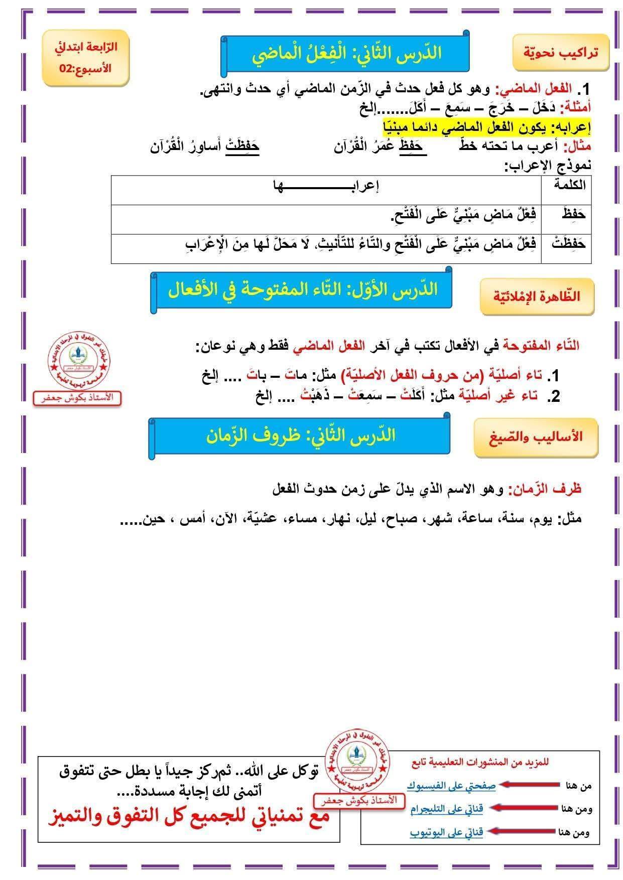 السنة الرابعة ابتدائي ملخصات دروس اللغة العربية لهذا الأسبوع مع تمارين مقترحة مرفقة بالحلول و نماذج تعبير كتابي للأستاذ بكوش جعفر 1