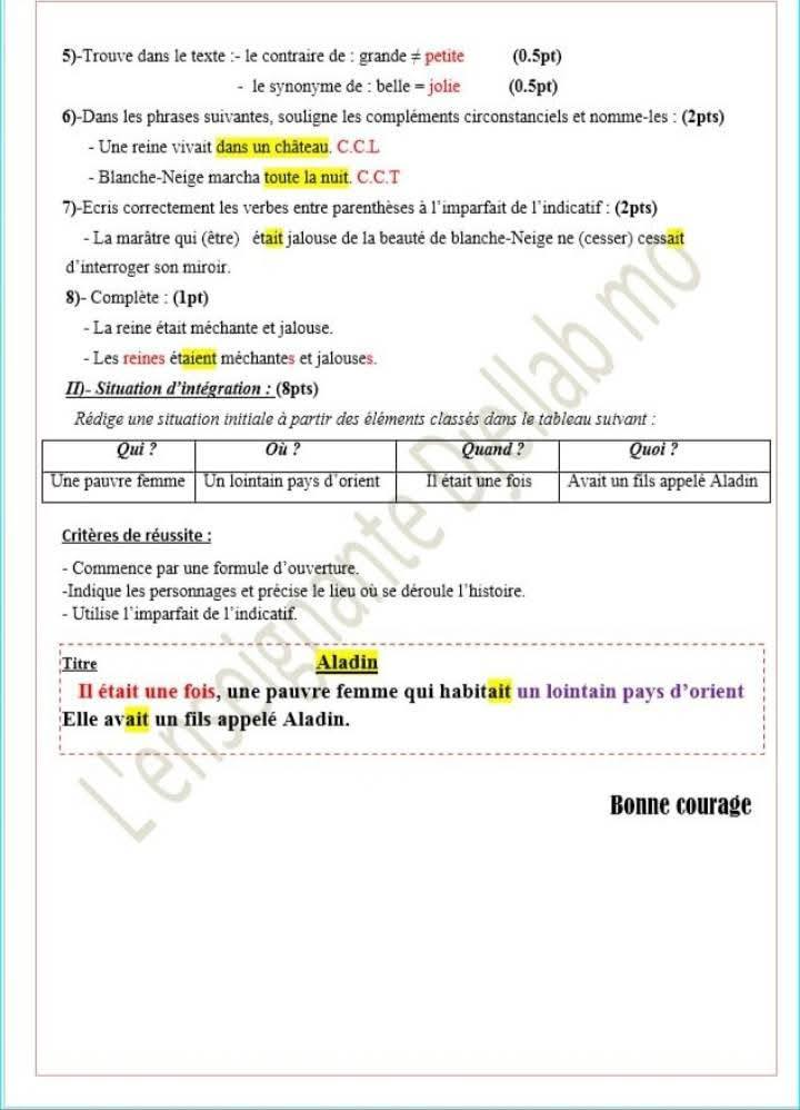 فرض الفصل الأول 2 متوسط لغة فرنسية مع الحل 4