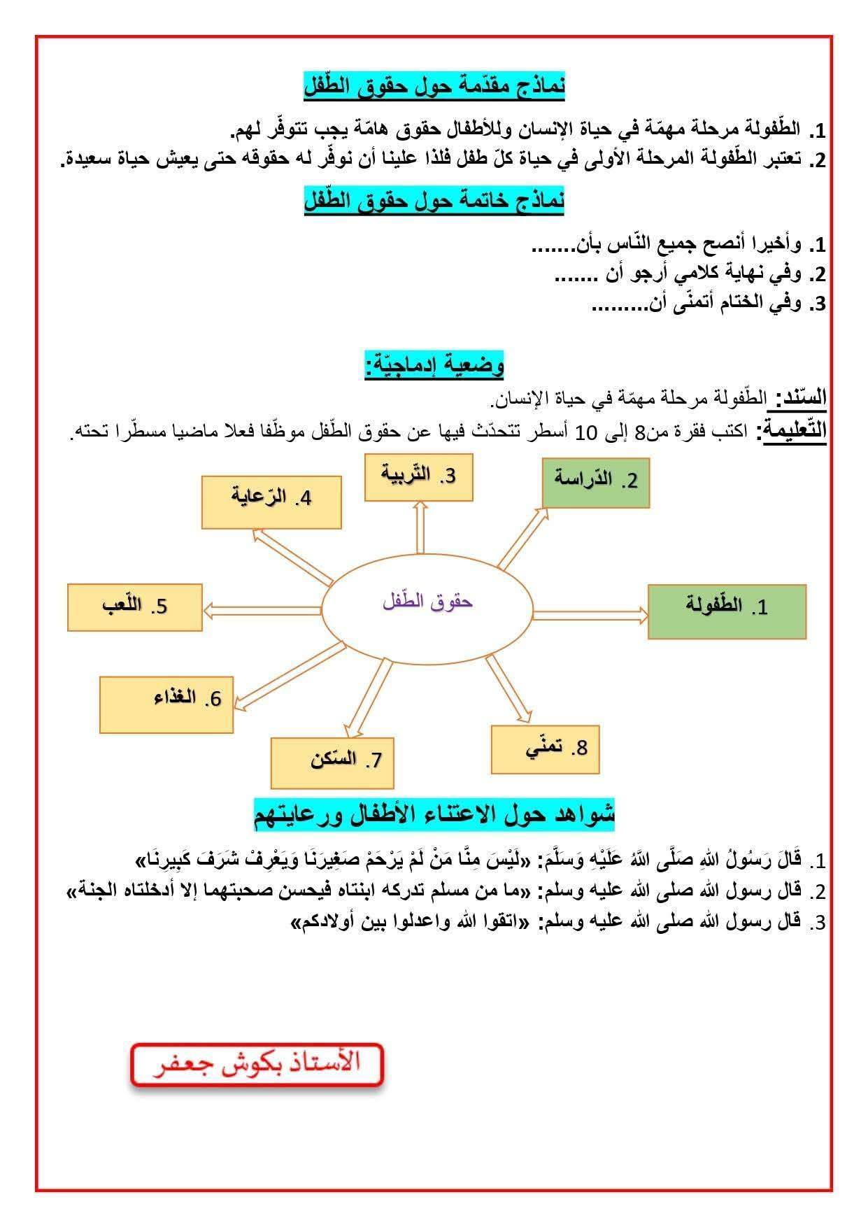 السنة الرابعة ابتدائي ملخصات دروس اللغة العربية لهذا الأسبوع مع تمارين مقترحة مرفقة بالحلول و نماذج تعبير كتابي للأستاذ بكوش جعفر 8
