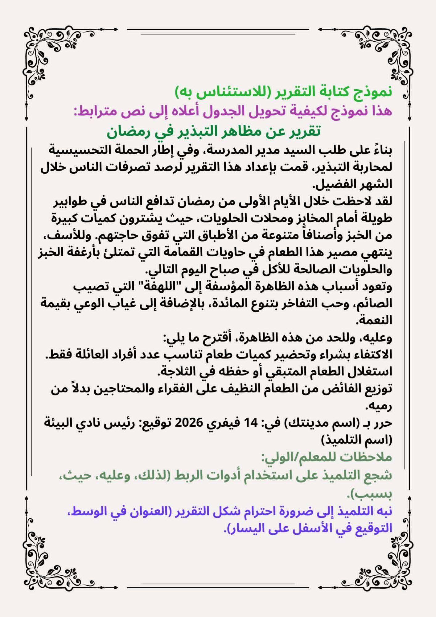 كتابة تقرير حول مظاهر التبذير في شهر رمضان 2