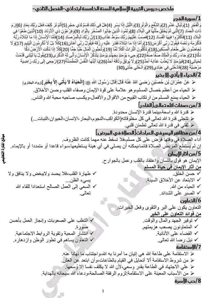 ملخص دروس التربية الإسلامية للسنة الخامسة ابتدائي الفصل الثاني 1
