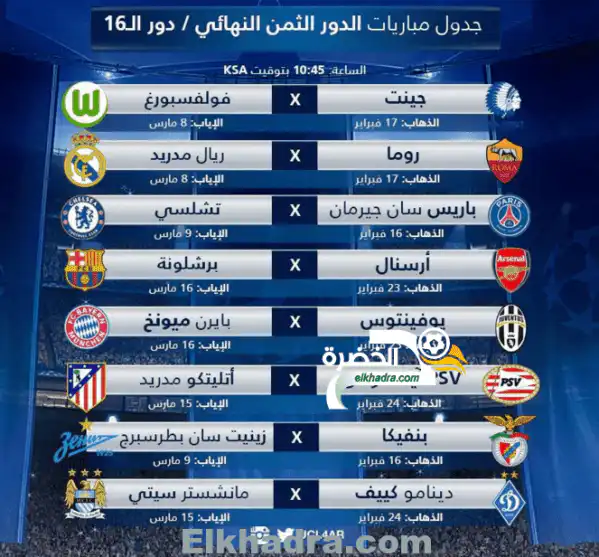 مواعيد جميع مباريات دور الـ16 في دوري أبطال أوروبا والقنوات الناقلة