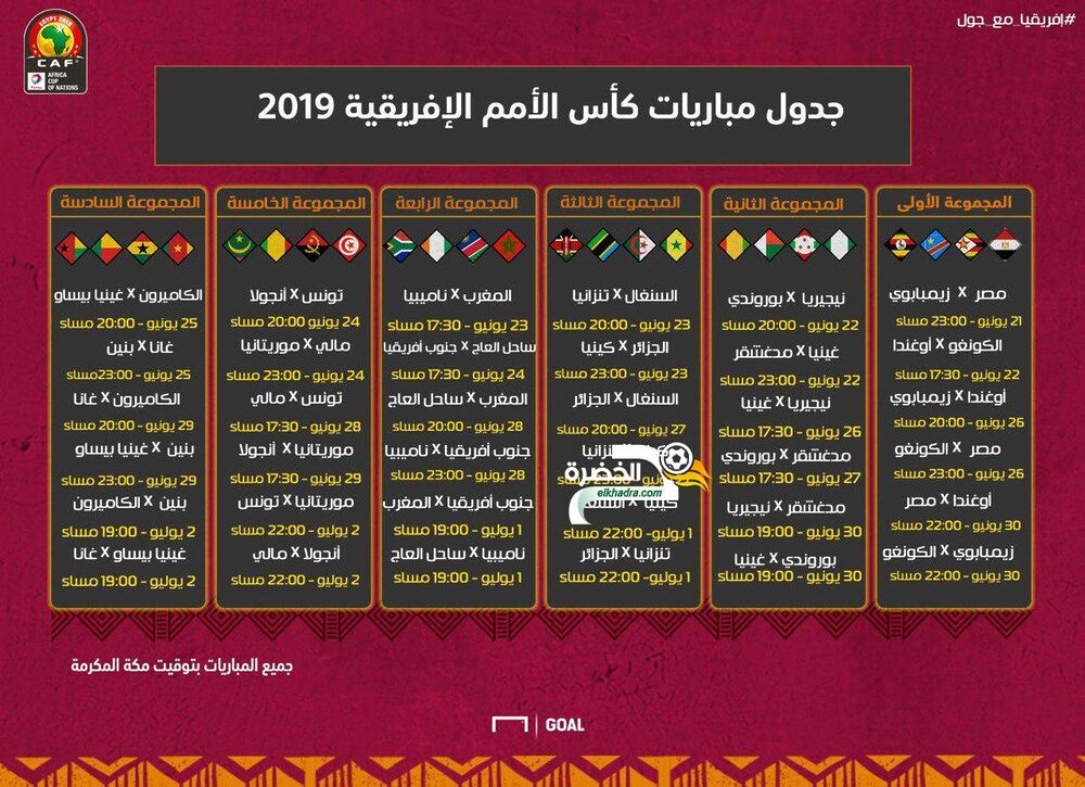 الجدول الكامل لمواعيد مباريات دور المجموعات في كأس أمم إفريقيا 2019 1