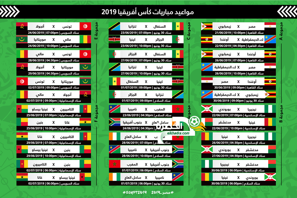 برنامج كأس أمم أفريقيا 2019 بتوقيت الجزائر مع القنوات الناقلة