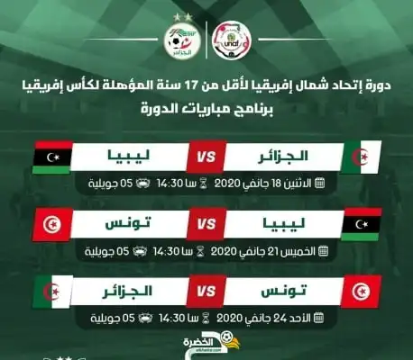 برنامج دورة إتحاد شمال إفريقيا لأقل من 17 سنة التي ستقام بالحزائر العاصمة  من 15 إلى 25 جانفي 2021