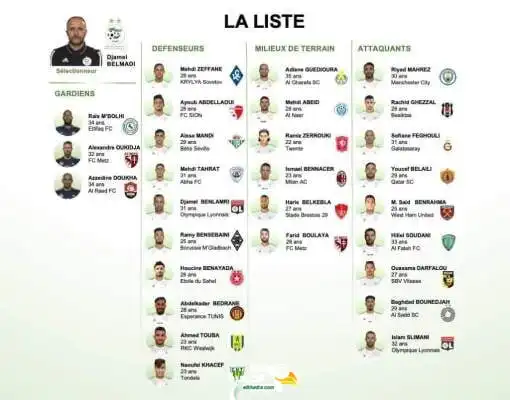 المنتخب الوطني : قائمة اللاعبين الخاصة بالمواجهتين أمام منتخبي زامبيا وبوتسوانا