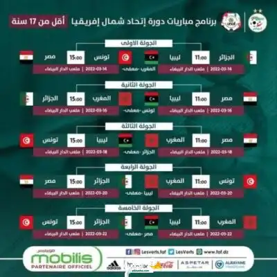 برنامج مباريات دورة إتحاد شمال إفريقيا لفئة اقل من 17 سنة