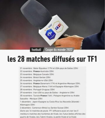 جدول المباريات 28 المنقولة عبر قناة TF1 ضمن مباريات كأس العالم فيفا قطر 2022 2