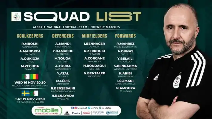 المنتخب الوطني : قائمة اللاعبين الخاصة بمواجهتي الوديتين مالي والسويد