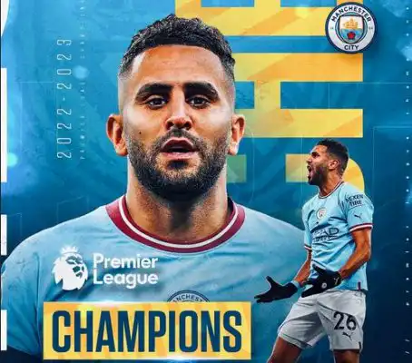 ‏رياض محرز يفوز مع مانشستر سيتي بلقب ‎الدوري الإنكليزي الممتاز
