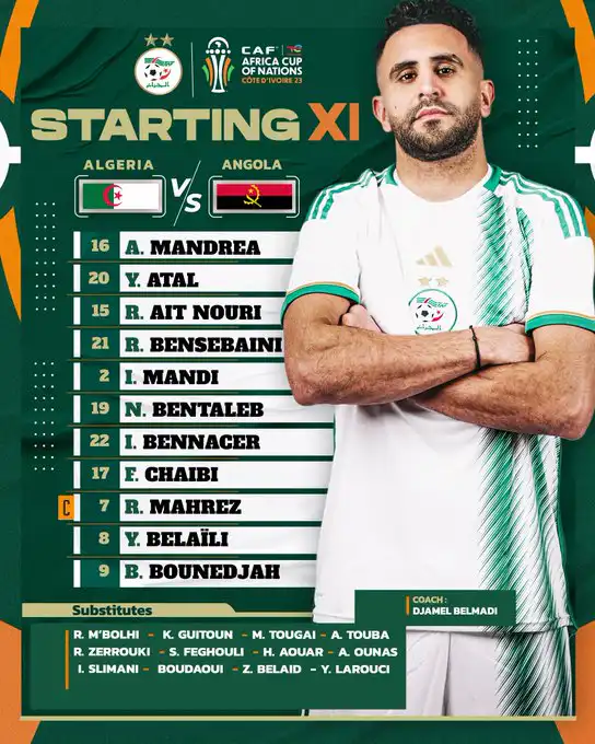 التشكيلة الأساسية للمنتخب الوطني أمام منتخب أنغولا في كأس أمم افريقيا