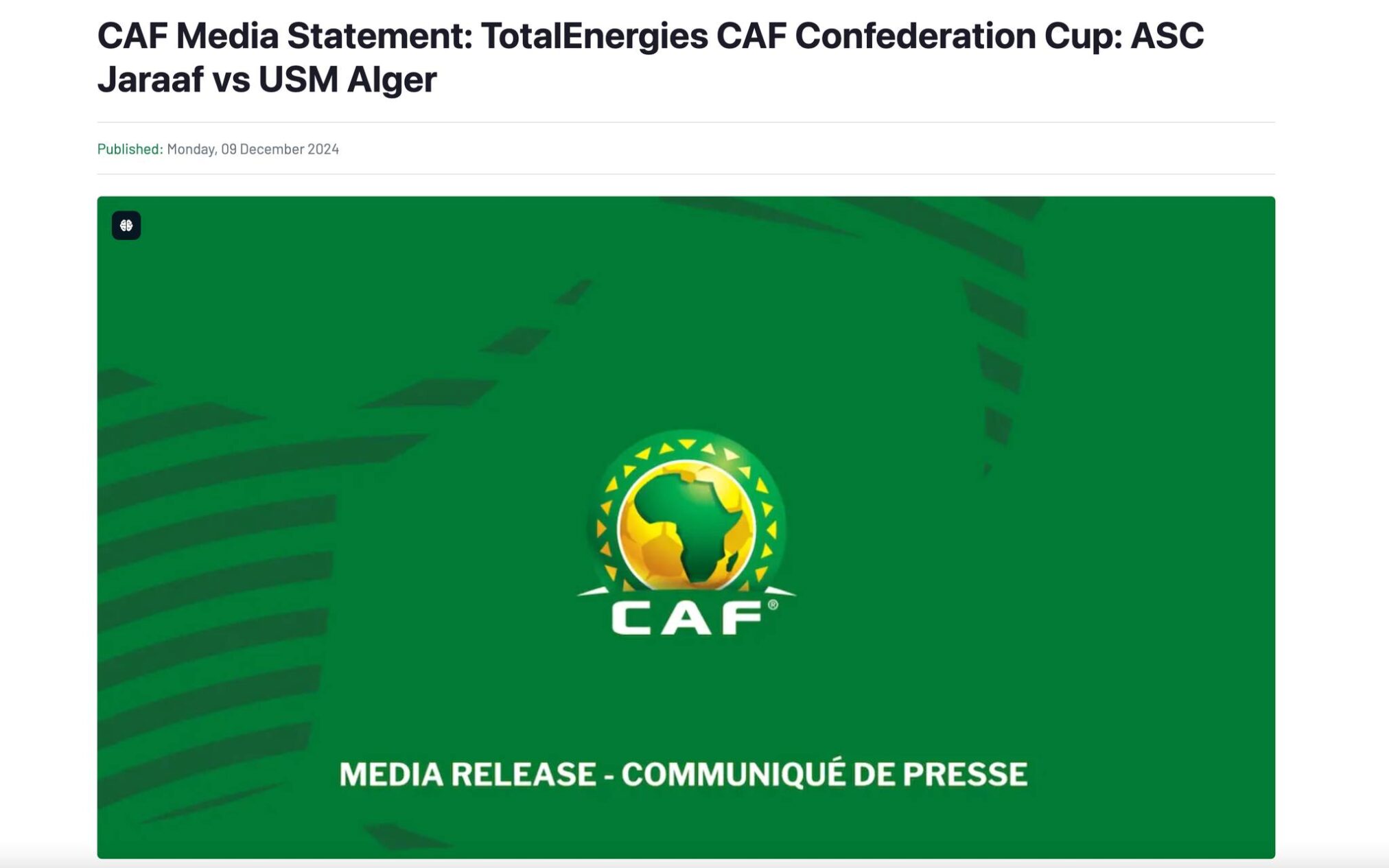 الكاف فتح تحقيق في أحداث مباراة جاراف السنغالي واتحاد العاصمة