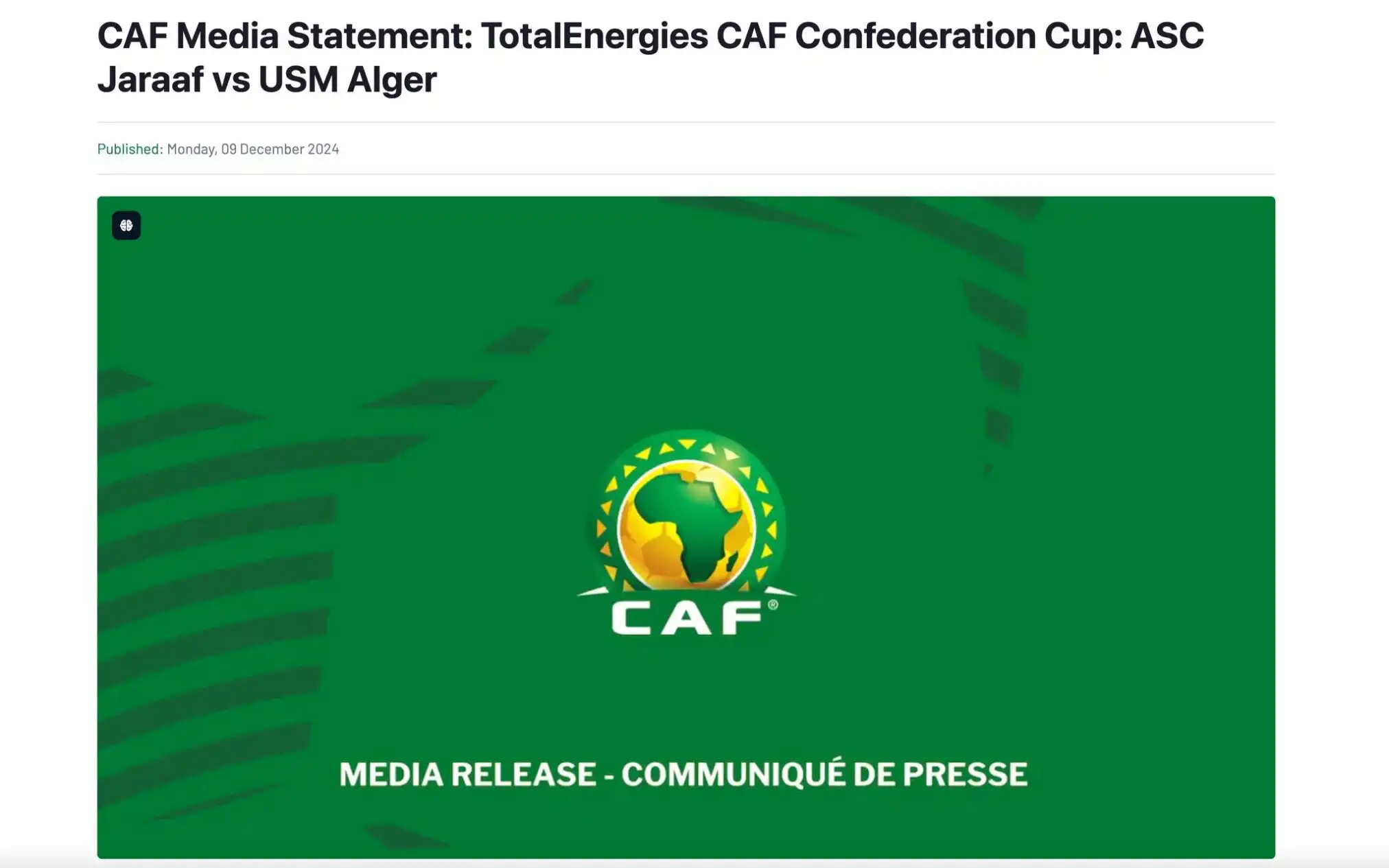 الكاف فتح تحقيق في أحداث مباراة جاراف السنغالي واتحاد العاصمة