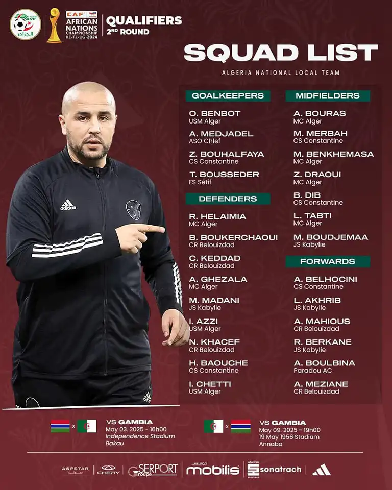 قائمة المنتخب الوطني للمحليين تحسباً للمواجهة المزدوجة أمام منتخب غامبيا