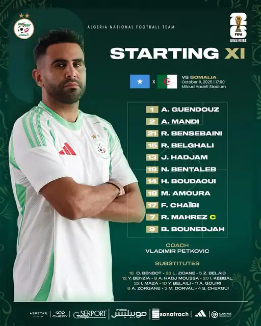 تصفيات كأس العالم : التشكيلة الأساسية للمنتخب الجزائري أمام الصومال