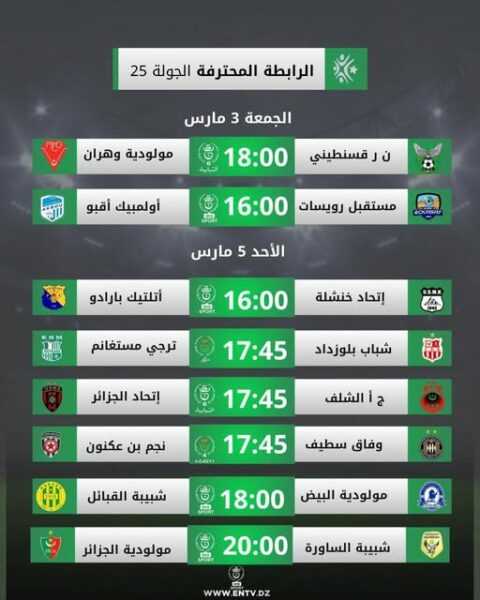 الدوري الجزائري : برنامج النقل التلفزي لمباريات الجولة 25 والقمم المنقولة هذا الأسبوع